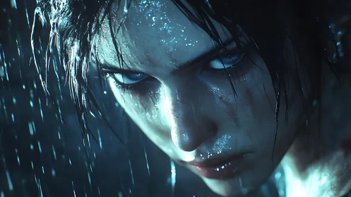 Stormlit warrior holds a fierce, determined gaze in rain