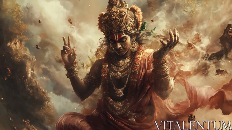 Divine warrior goddess in swirling atmospheric digital painting.