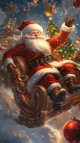Santa in red suit seated in ornate sleigh over clouds.