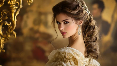 Velvet light crowns a regal muse in baroque daydreams