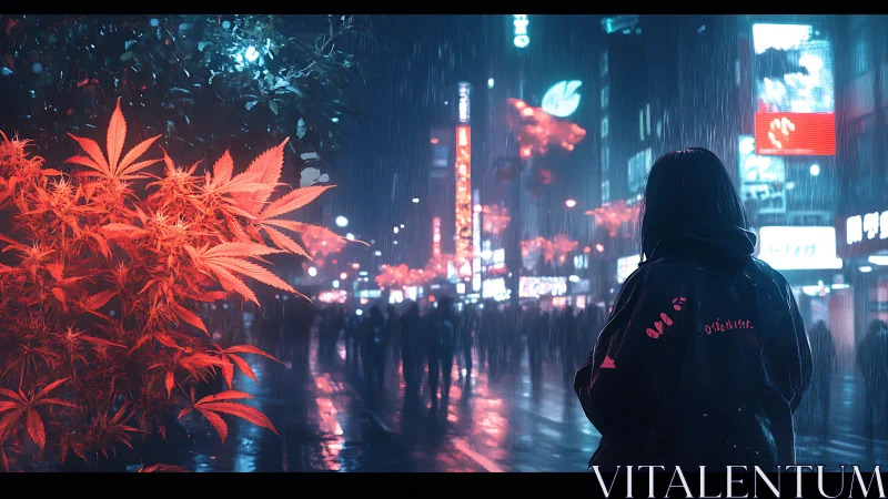 Neon-lit urban rain scene contrasts red foliage and lone figure.