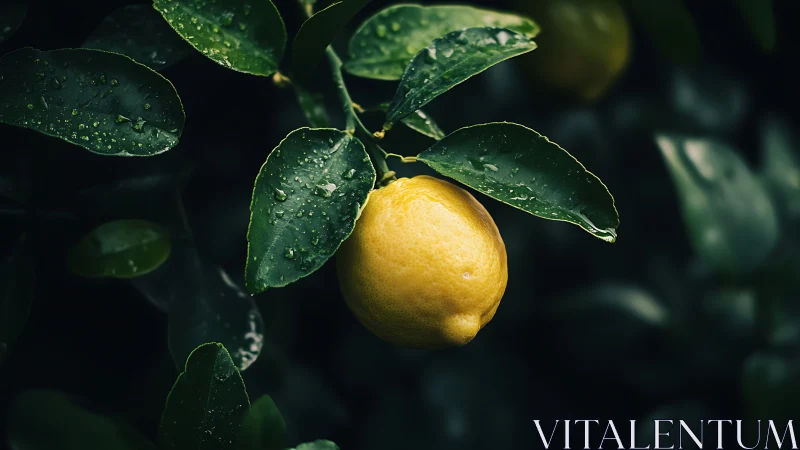 Ripe yellow lemon on branch with wet dark green leaves.