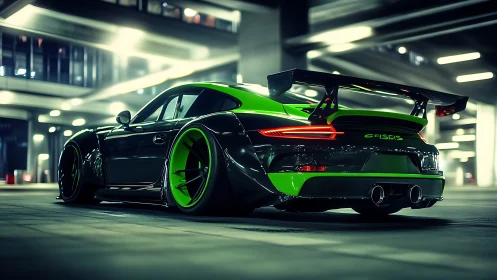 Green and black sports coupe with rear wing in garage.
