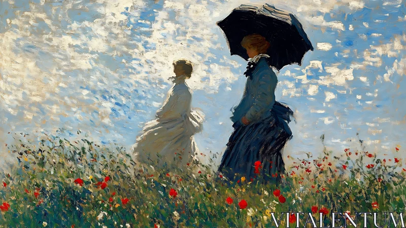 Two figures walk through wildflower field under bright sky