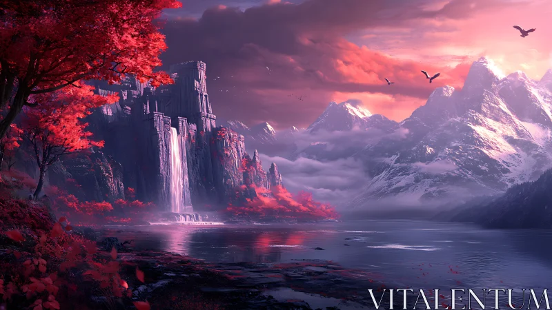 Fantasy citadel waterfall amid crimson autumn range panorama.
