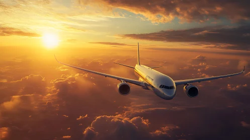 Jetliner glides through molten sunset clouds in quiet ascent