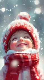 Child in red winter knitwear smiling into softly falling snow