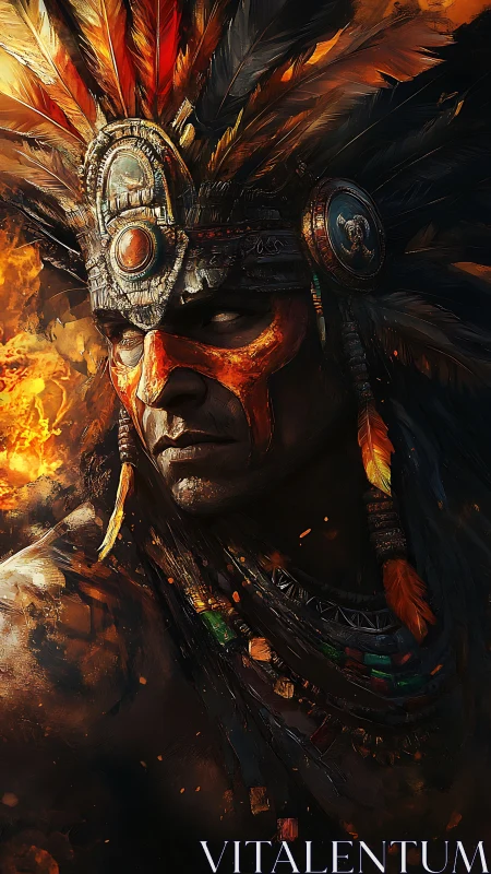 Warrior portrait renders ornate feathered headdress in flame light