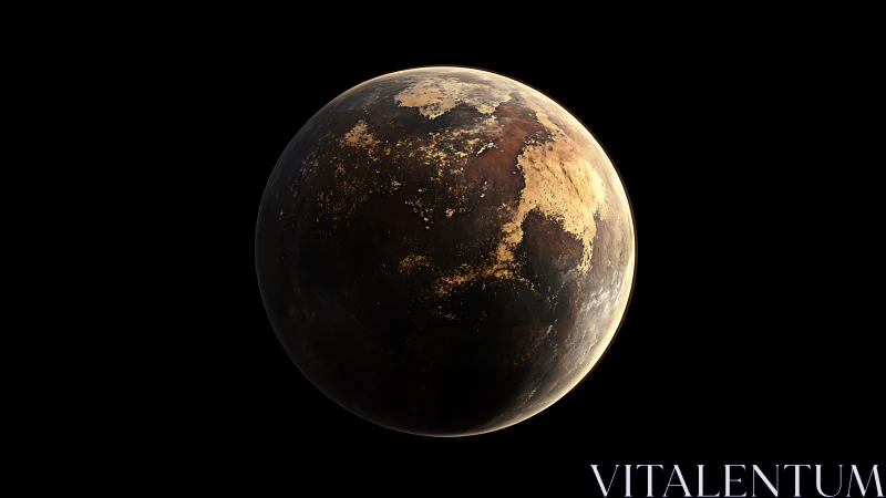 Dusky exoplanet glows with ember-like continents in void.