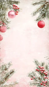 Frosted fir branches with pink baubles framing pastel background.