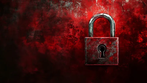 Corroded red padlock on distressed crimson textured background