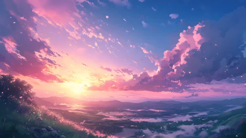 Sunset clouds over distant valley in soft anime style.