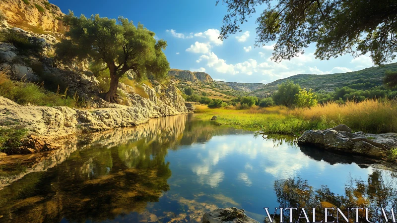 Sunlit river bend reflecting rocky cliffs and lone tree.
