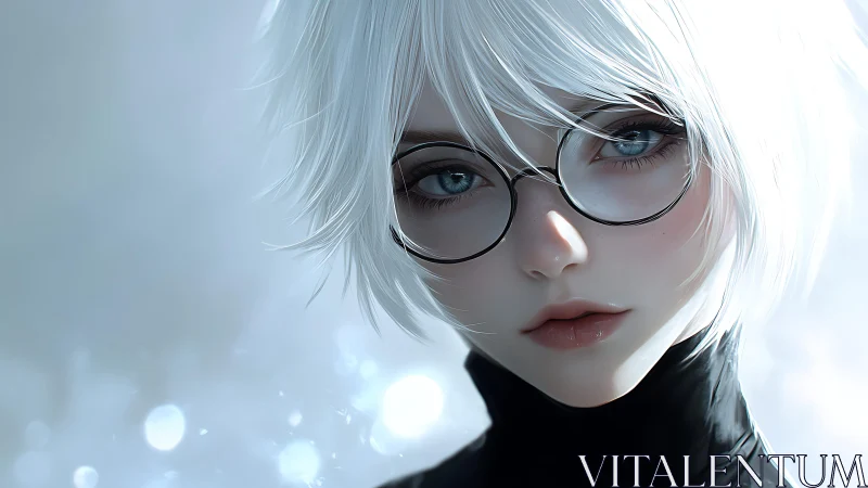 White haired anime girl with glasses in soft light.