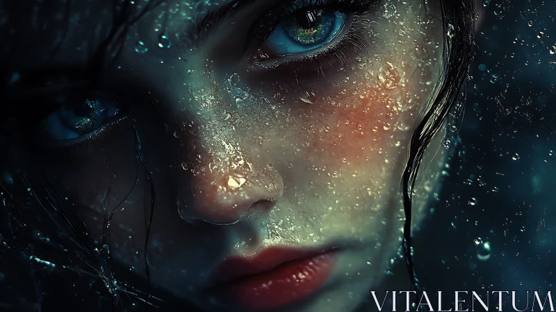 Rain-soaked gaze slices the dark with electric blue light