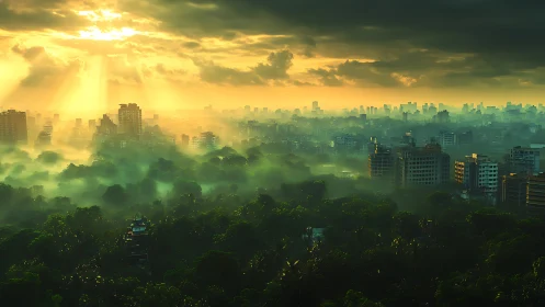 Golden sunrise over misty tropical city skyline panorama.