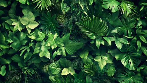 Dense overlapping tropical foliage with layered green leaves.