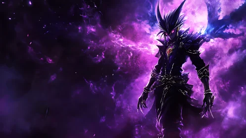 Void-crowned shadow warlock walks through violet cataclysm.