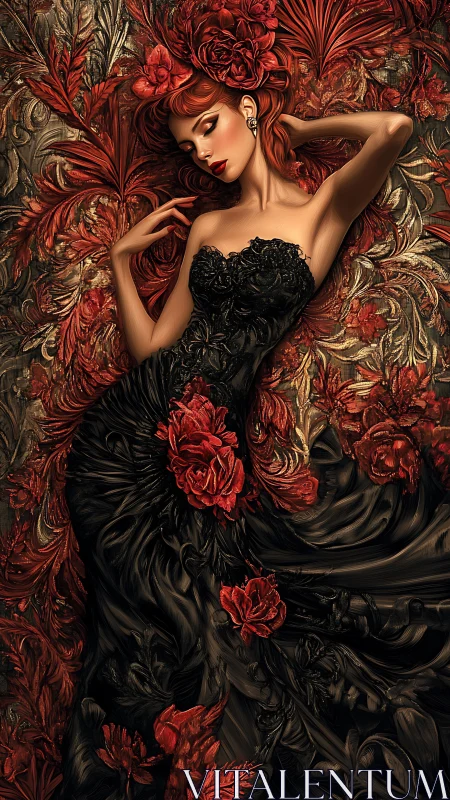 Scarlet muse reclines in baroque florals and midnight silk