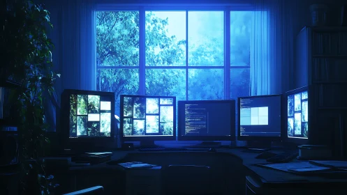 Programmer workstation glows under blue dusk window light
