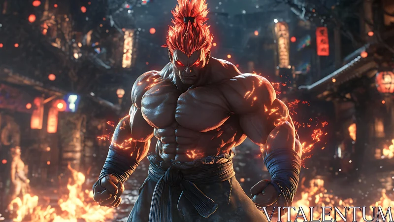 Muscular fiery warrior in burning street environment.