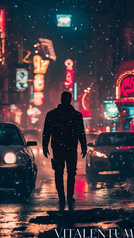 Solitary silhouette in neon-lit snowfall on wet city street