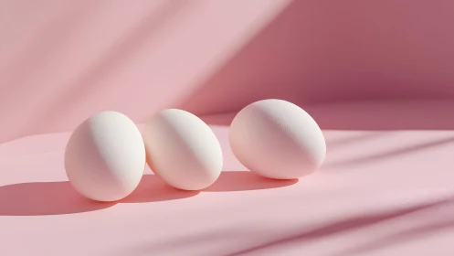 Three white eggs arranged on a pastel pink background.