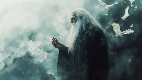 Elderly robed mage studies ethereal doves in turbulent mist field