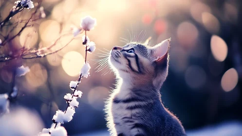 Kitten Gazes Upward at Frosted Winter Branches in Soft Golden Light