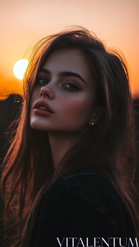 Sunset-lit muse with windswept hair and ember-soft gaze.
