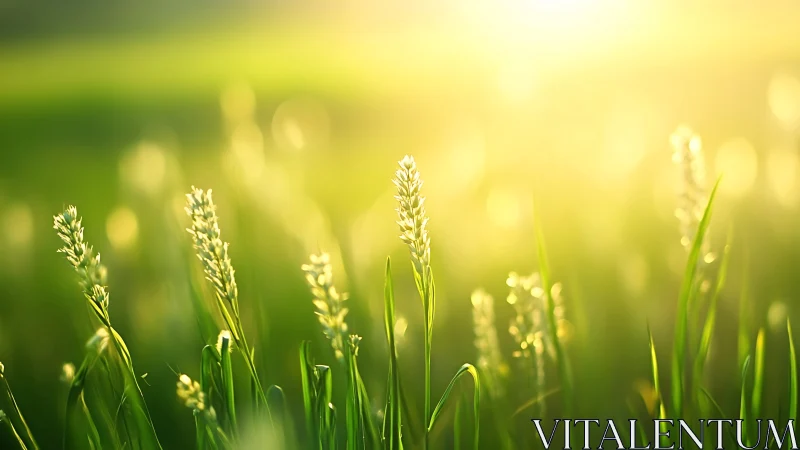 Green field grass in bright golden morning sunlight.