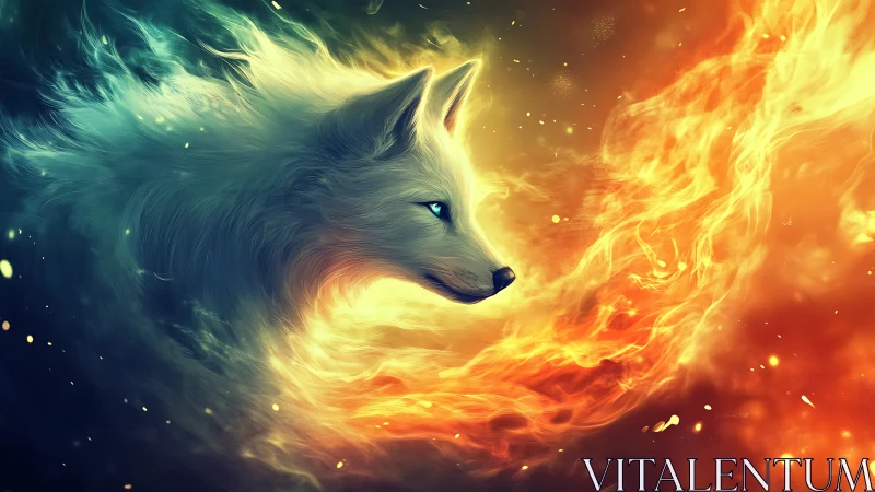 Digital painting of ethereal white fox framed by elemental fire.