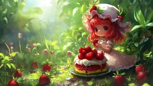 Red haired girl holds strawberry beside layered cake