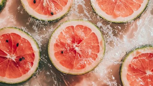 Juicy watermelon slices splash in cool, sparkling water