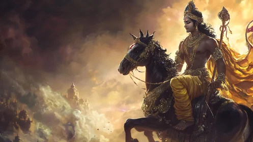 Ornate warrior on black stallion crosses storm-lit mythic skyline