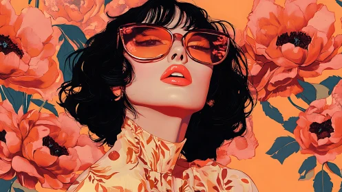 Stylish woman in orange floral pop art portrait composition.