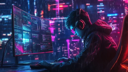 Hooded programmer works at neon-lit computer in rain