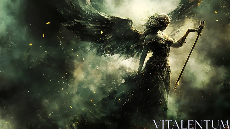 Winged warrior goddess emerging through burning storm clouds.