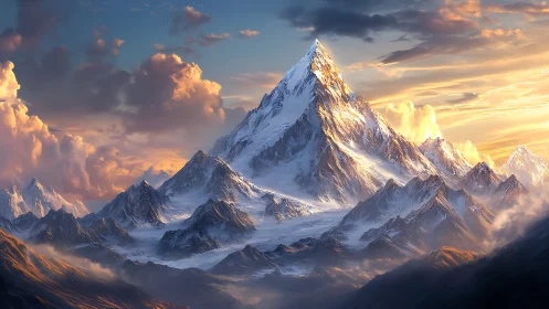 Snowy peak under warm sunset light in digital landscape.