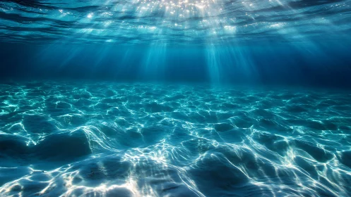 Sunlit underwater seafloor with refracted turquoise caustics.