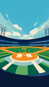 Baseball stadium interior with stylized field geometry.