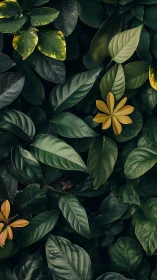 Dense green foliage with isolated yellow flowers in shallow focus