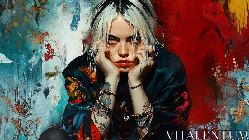 Moody tattooed woman against abstract red teal backdrop