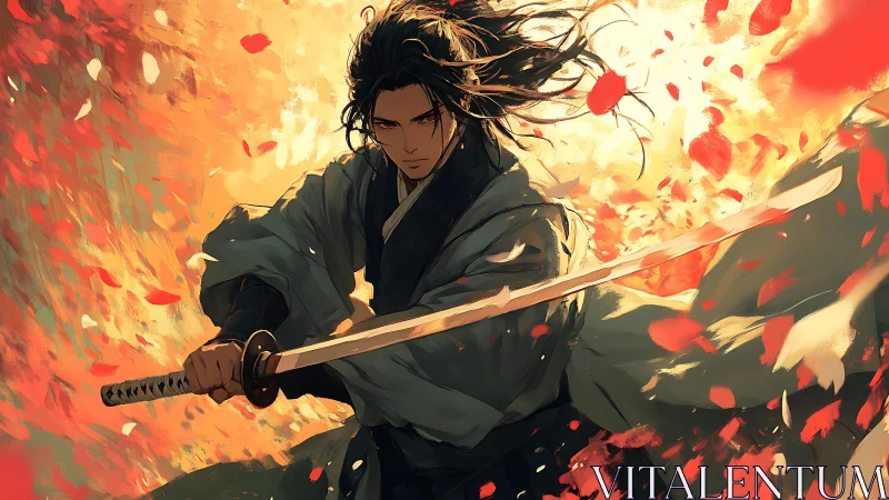 Lone samurai poised in swirling petals and golden light.
