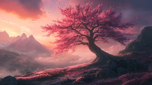 Luminous magenta blossom tree over misted alpine valley.