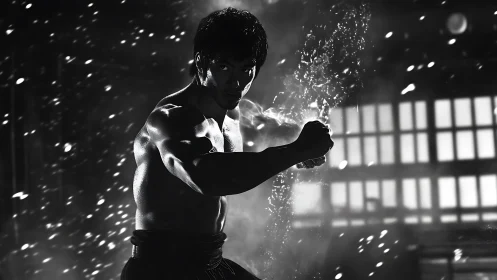 Monochrome martial artist punching through water spray impact