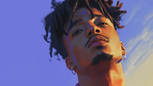 Digital portrait of young man against clear blue sky.