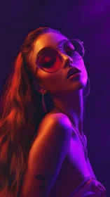 Woman in neon purple and orange light wearing sunglasses.