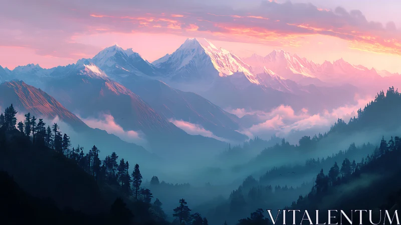 Soft sunrise light gently kisses peaceful snowy peaks