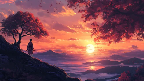 Solitary figure watches vivid sunset over layered mountains